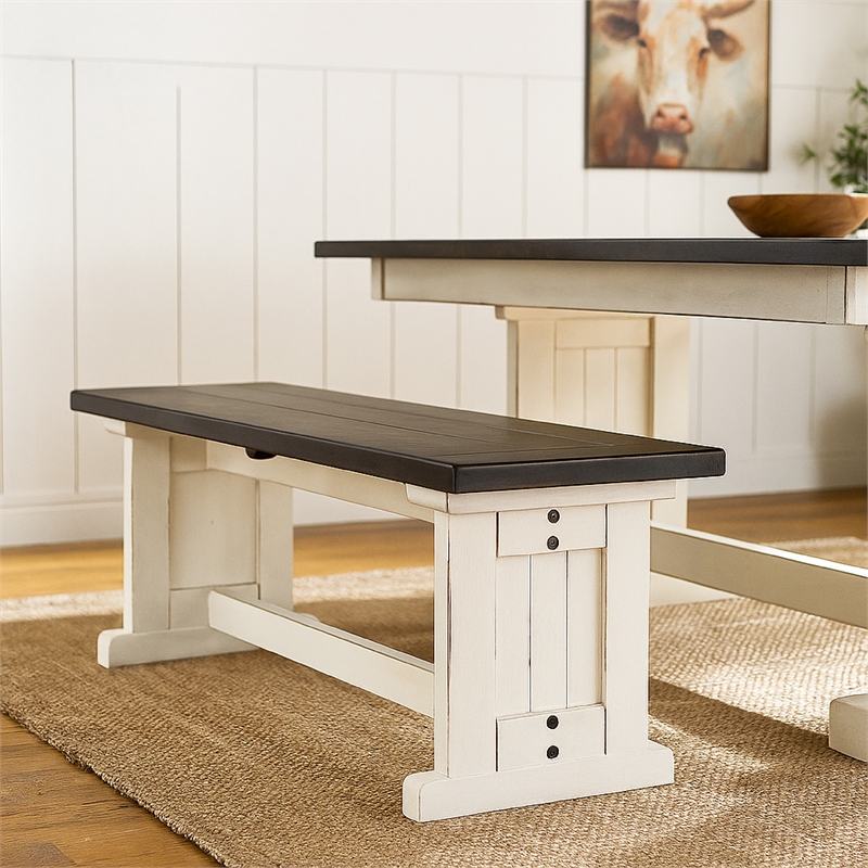 Bowery Hill 48 in Side Dining Bench in Off White and Brown Wood