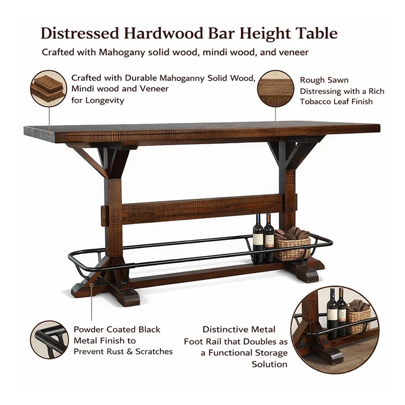 Bowery Hill 78 in Rectangular Pub Bar Table in Dark Brown Wood Finish