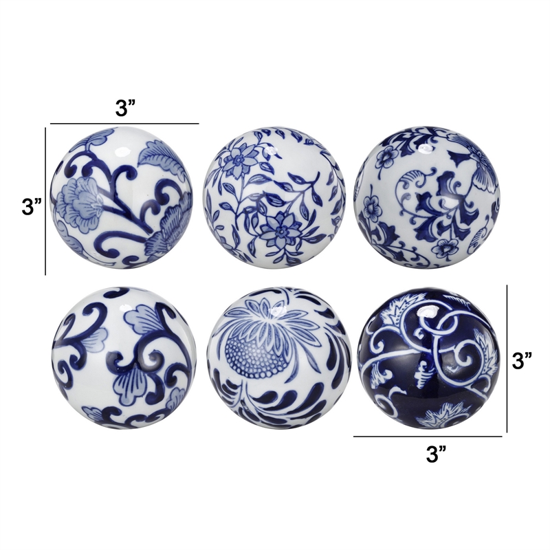 Bowery Hill Decorative Porcelain Ball Set with Floral Print in Blue and White