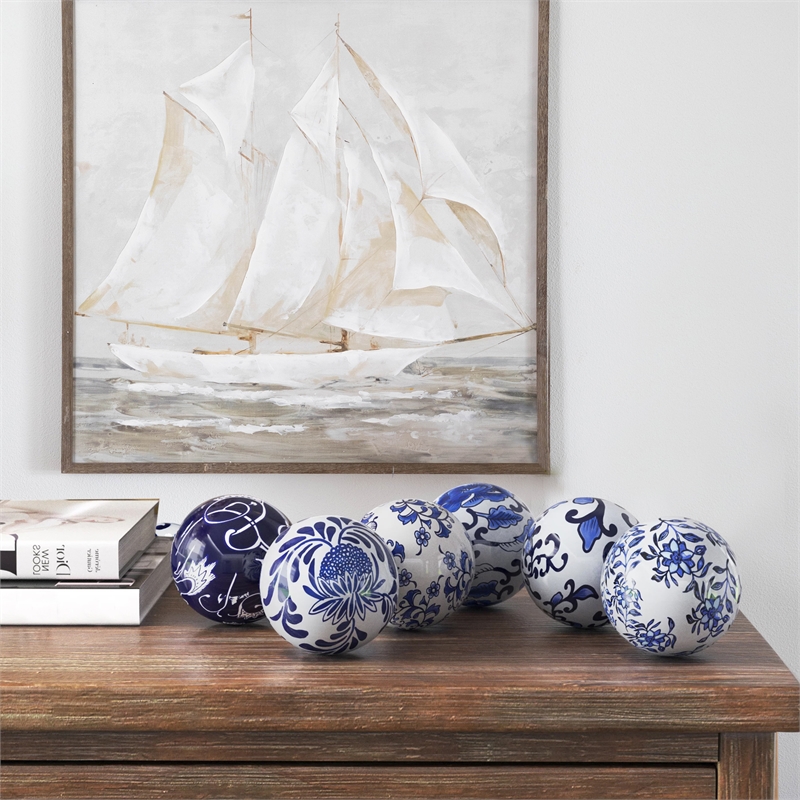 Bowery Hill Decorative Porcelain Ball Set with Floral Print in Blue and White