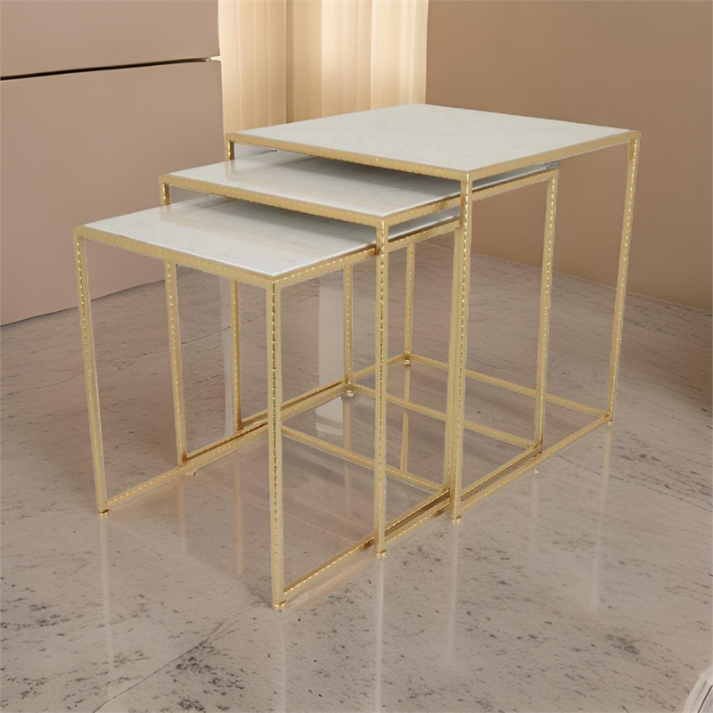 Bowery Hill Nesting Plant Stand Table Set in White and Gold Metal