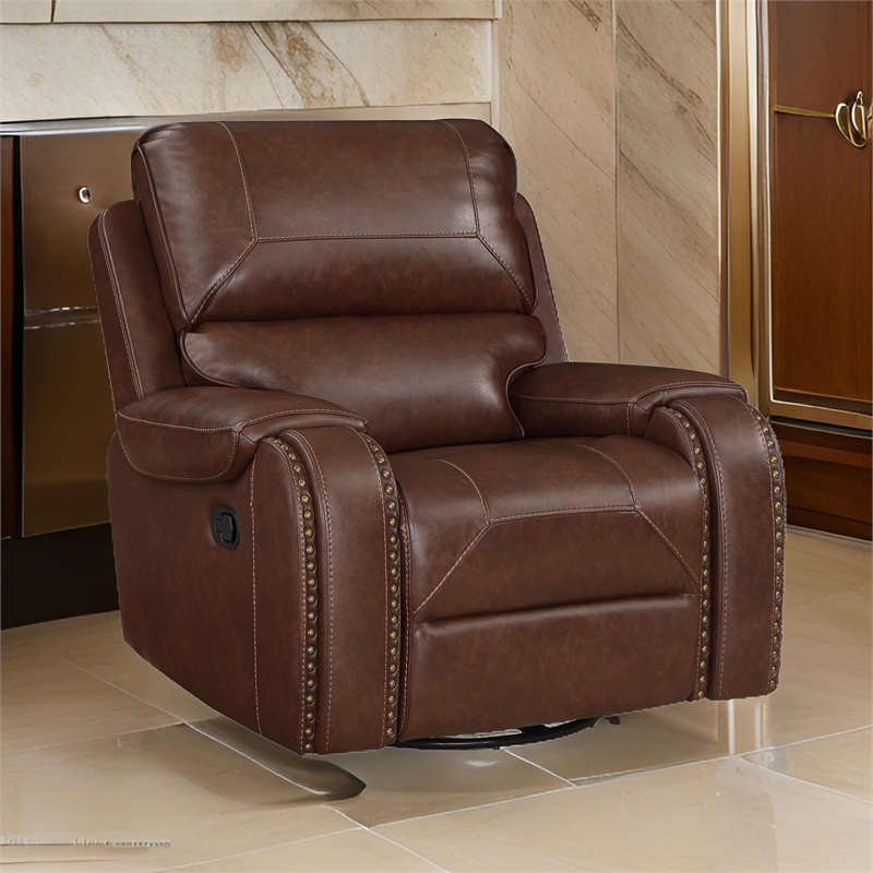 Bowery Hill 41 Inch Swivel Manual Recliner Chair in Brown Faux Leather