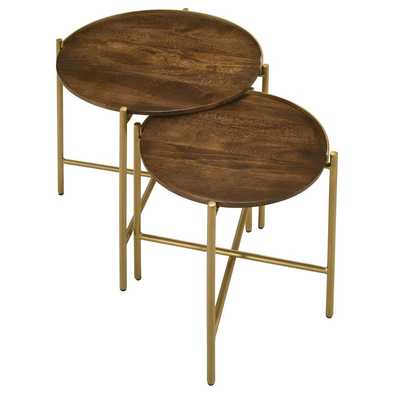 Bowery Hill 2 Piece Round Nesting Tables in Mango Wood and Gold Iron