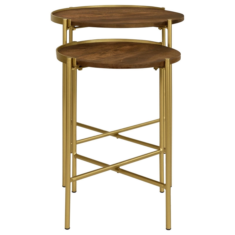 Bowery Hill 2 Piece Round Nesting Tables in Mango Wood and Gold Iron