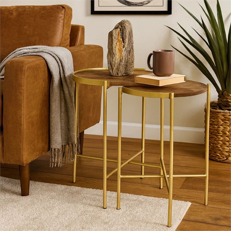 Bowery Hill 2 Piece Round Nesting Tables in Mango Wood and Gold Iron
