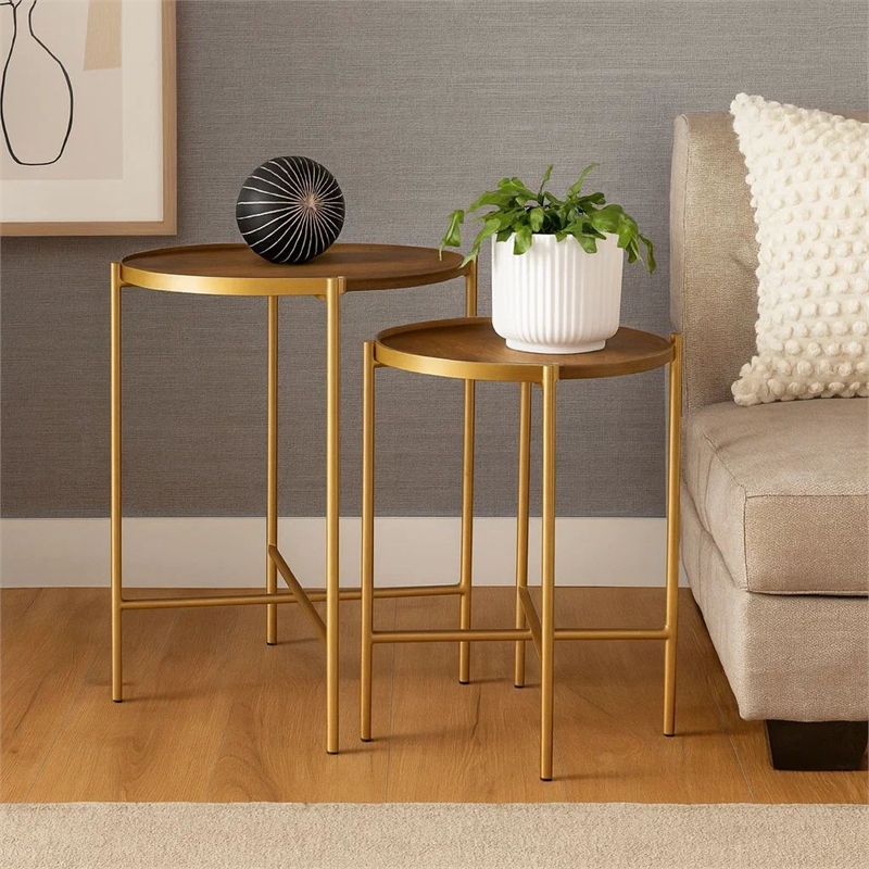 Bowery Hill 2 Piece Round Nesting Tables in Mango Wood and Gold Iron