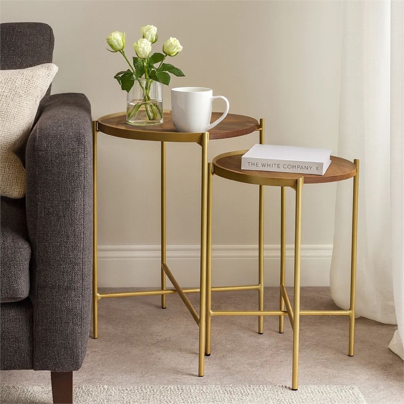 Bowery Hill 2 Piece Round Nesting Tables in Mango Wood and Gold Iron
