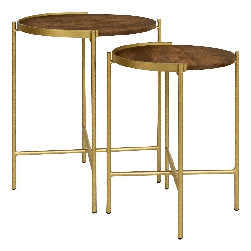Bowery Hill 2 Piece Round Nesting Tables in Mango Wood and Gold Iron