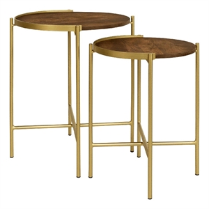 Bowery Hill 2 Piece Round Nesting Tables in Mango Wood and Gold Iron