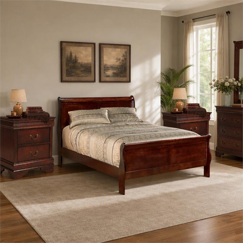 Bowery Hill 3Pc Set of 2 Nightstands & Sleigh California King Bed in Brown