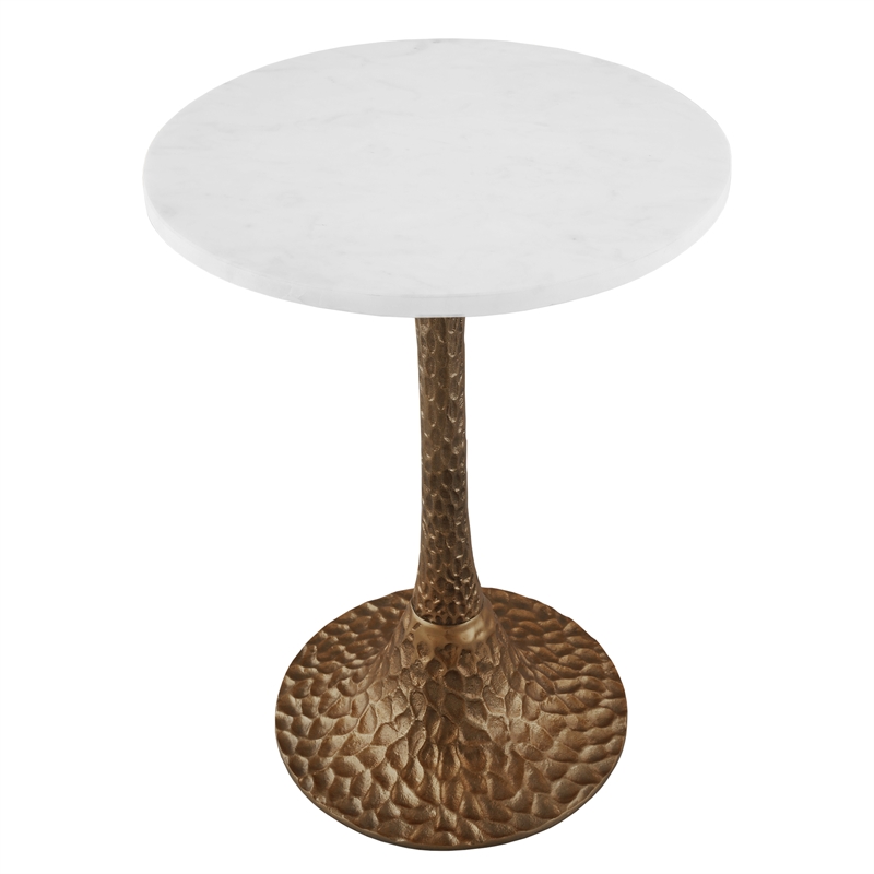 Bowery Hill Round Accent Side Table with Marble Top in Antique Brass Finish