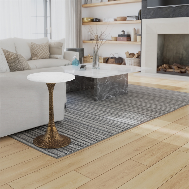 Bowery Hill Round Accent Side Table with Marble Top in Antique Brass Finish