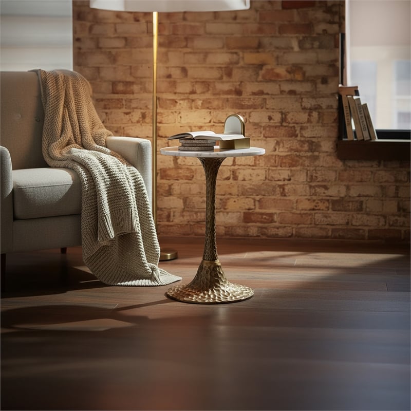 Bowery Hill Round Accent Side Table with Marble Top in Antique Brass Finish