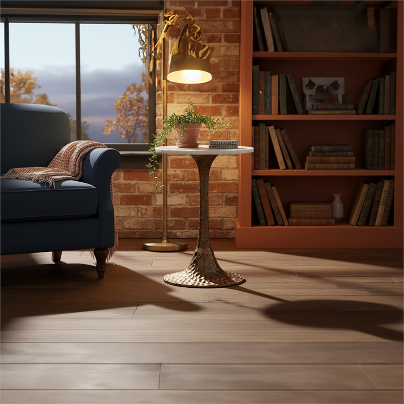Bowery Hill Round Accent Side Table with Marble Top in Antique Brass Finish