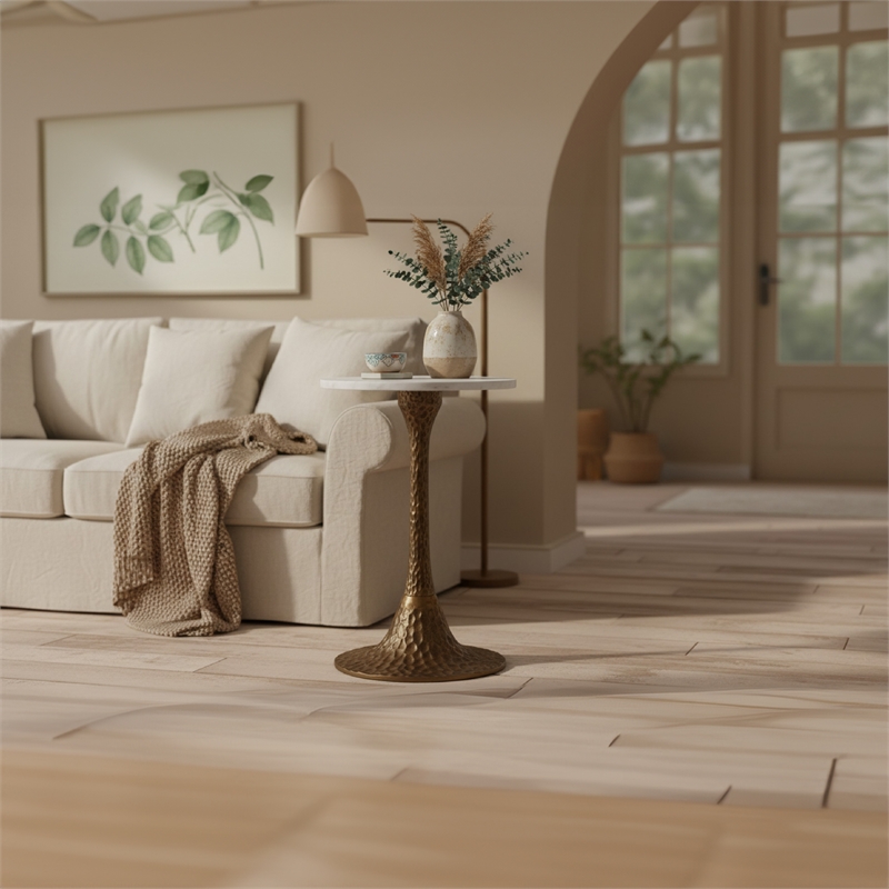 Bowery Hill Round Accent Side Table with Marble Top in Antique Brass Finish