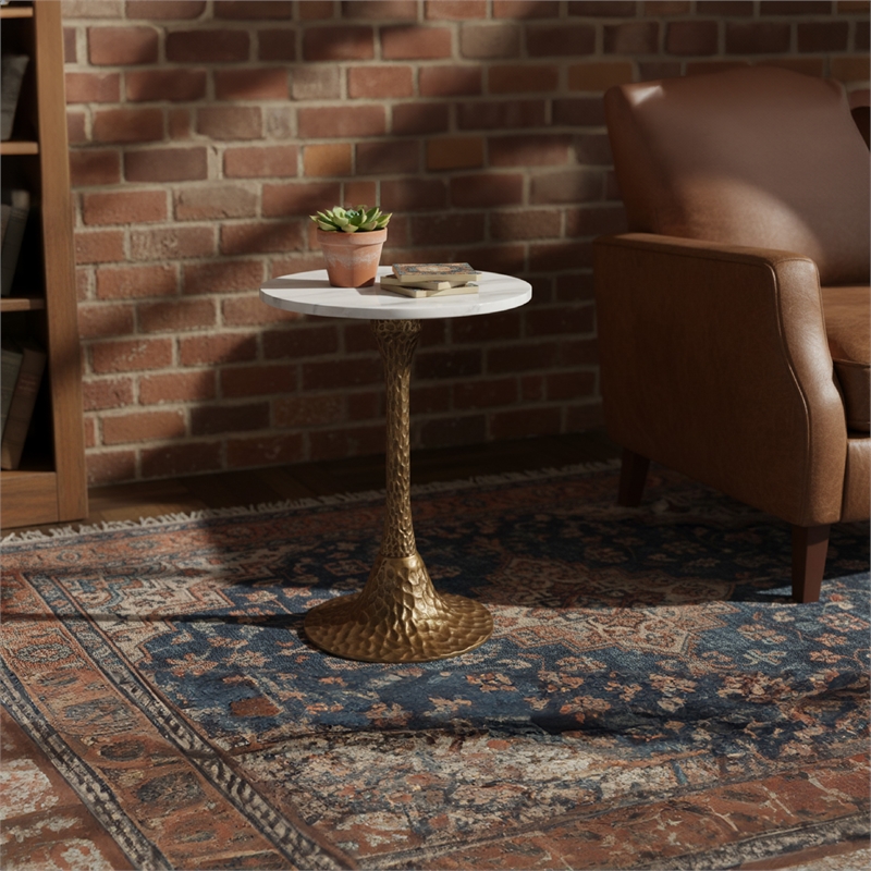 Bowery Hill Round Accent Side Table with Marble Top in Antique Brass Finish