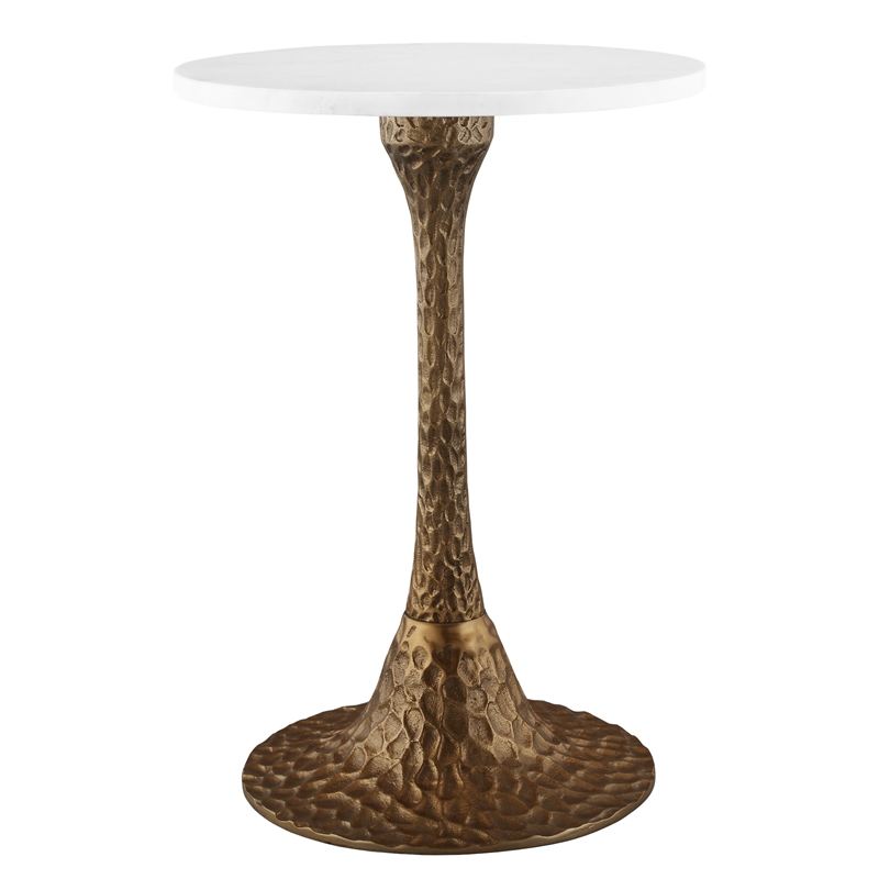 Bowery Hill Round Accent Side Table with Marble Top in Antique Brass Finish