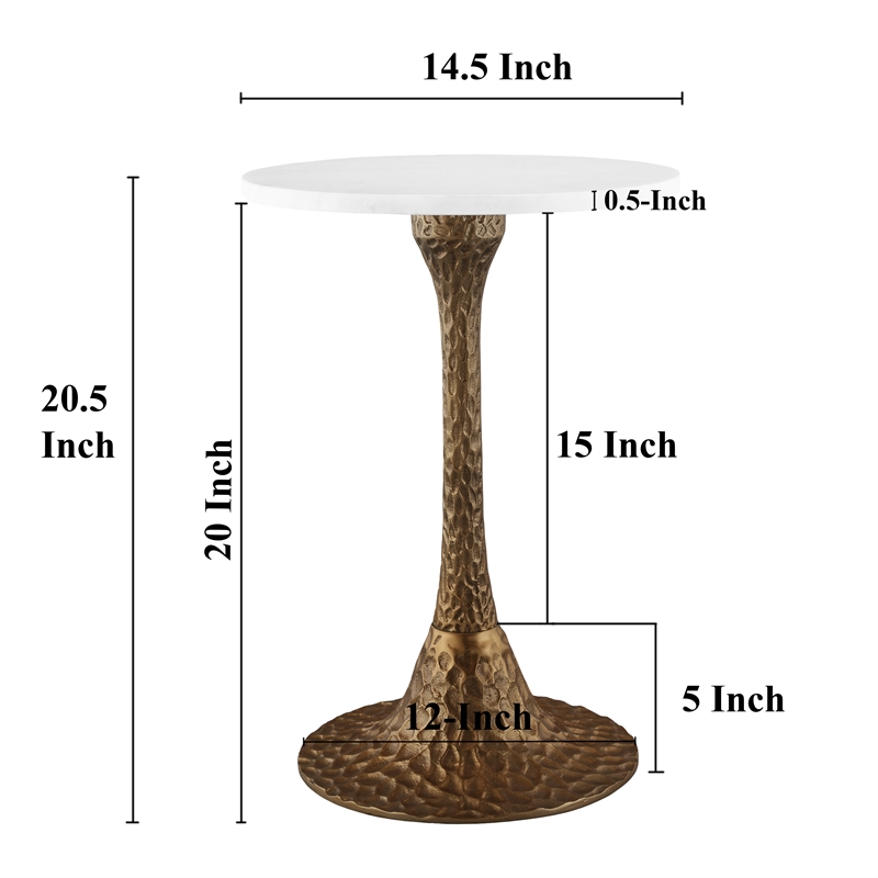 Bowery Hill Round Accent Side Table with Marble Top in Antique Brass Finish
