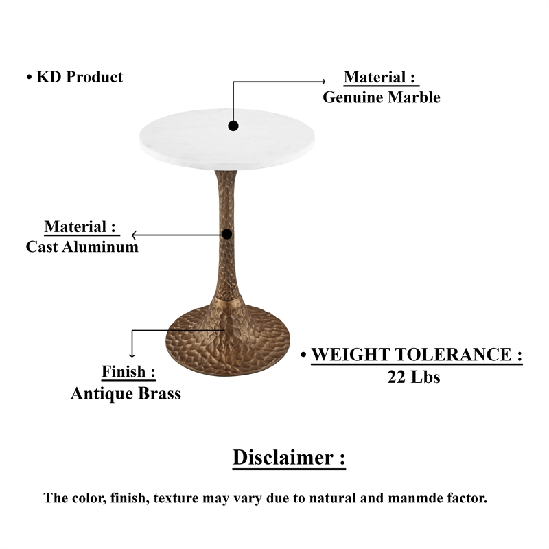 Bowery Hill Round Accent Side Table with Marble Top in Antique Brass Finish