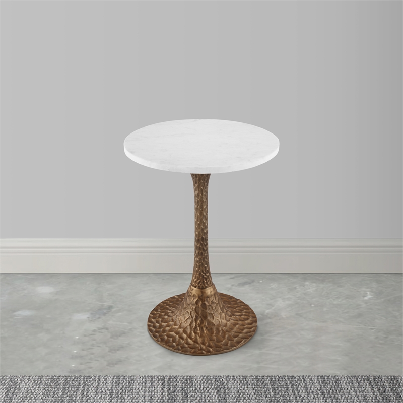 Bowery Hill Round Accent Side Table with Marble Top in Antique Brass Finish
