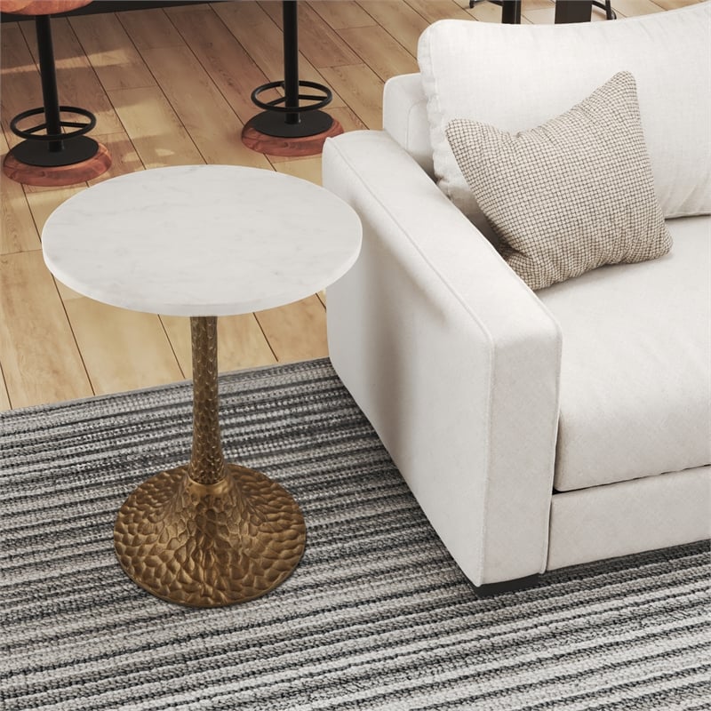 Bowery Hill Round Accent Side Table with Marble Top in Antique Brass Finish