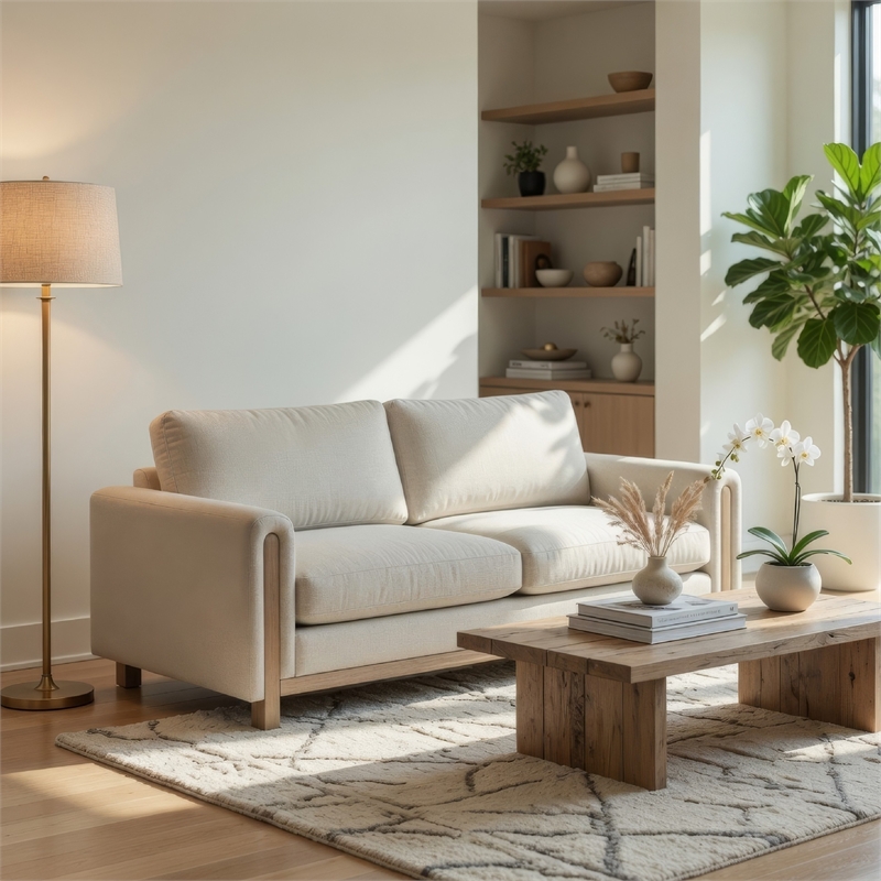Bowery Hill Sofa Beige Polyester Upholstery Solid Wood Frame 81 Inch