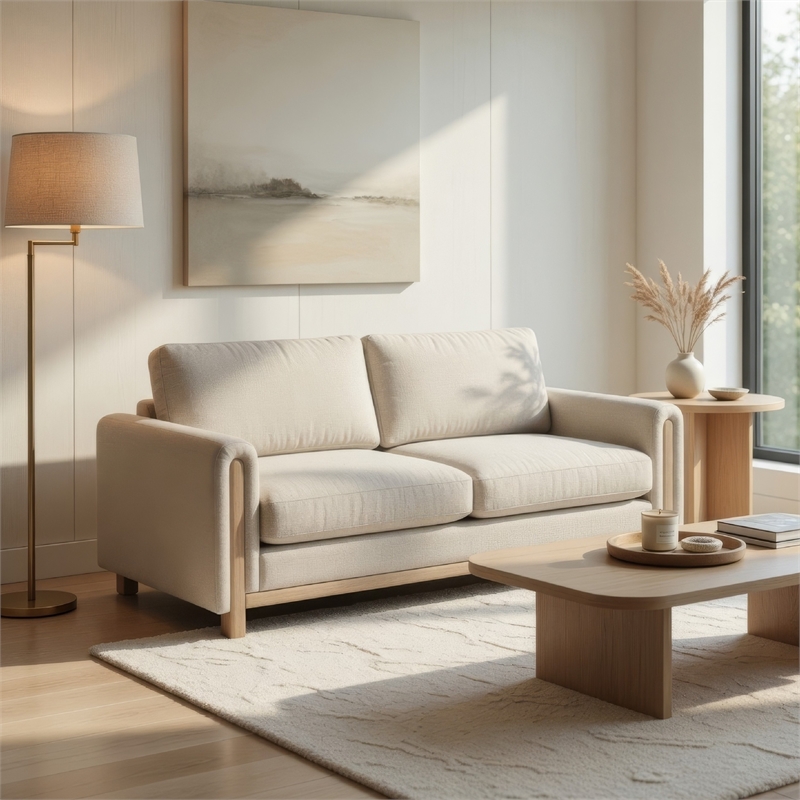 Bowery Hill Sofa Beige Polyester Upholstery Solid Wood Frame 81 Inch