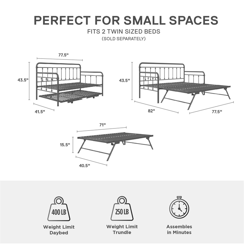 Bowery Hill Twin Metal Daybed with Pop Up Trundle in Gray