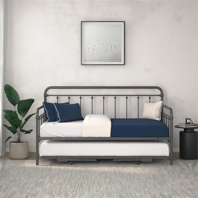 Bowery Hill Twin Metal Daybed with Pop Up Trundle in Gray
