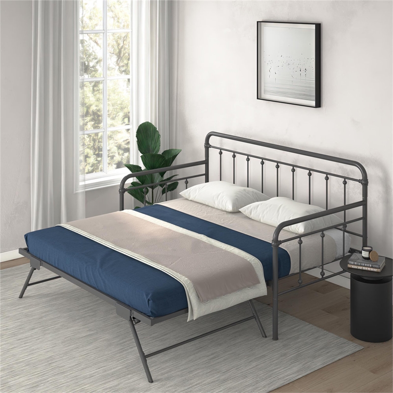 Bowery Hill Twin Metal Daybed with Pop Up Trundle in Gray
