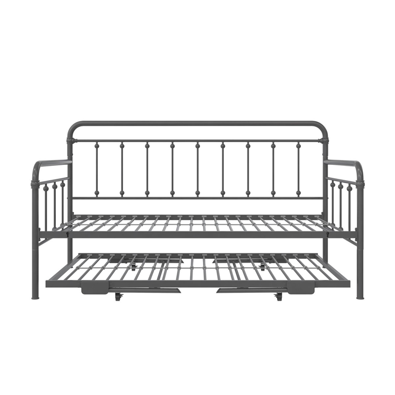 Bowery Hill Twin Metal Daybed with Pop Up Trundle in Gray