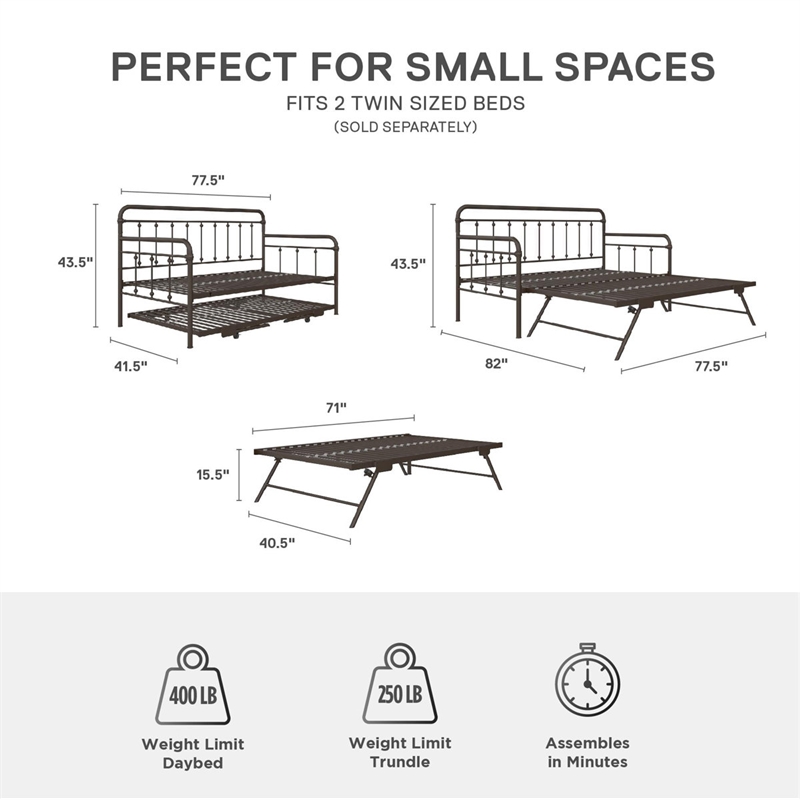 Bowery Hill Twin Metal Daybed with Pop Up Trundle in Bronze