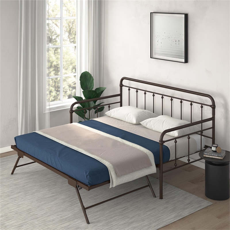 Bowery Hill Twin Metal Daybed with Pop Up Trundle in Bronze