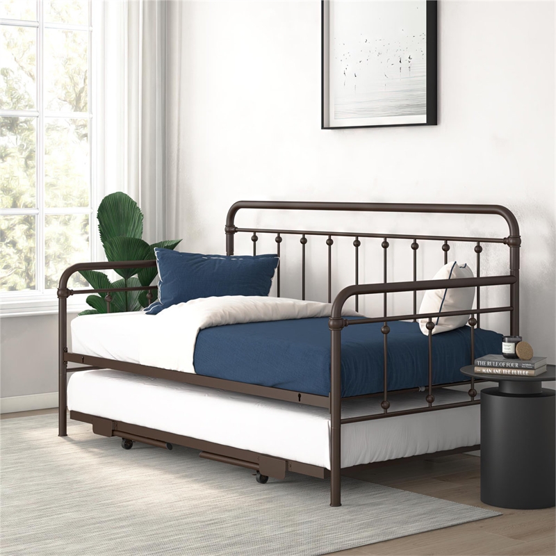 Bowery Hill Twin Metal Daybed with Pop Up Trundle in Bronze