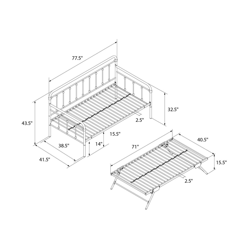 Bowery Hill Twin Metal Daybed with Pop-Up Trundle in White Finish
