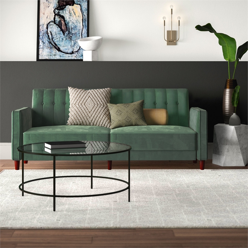 Bowery Hill Convertible Futon in Light Green Velvet with Tapered Legs