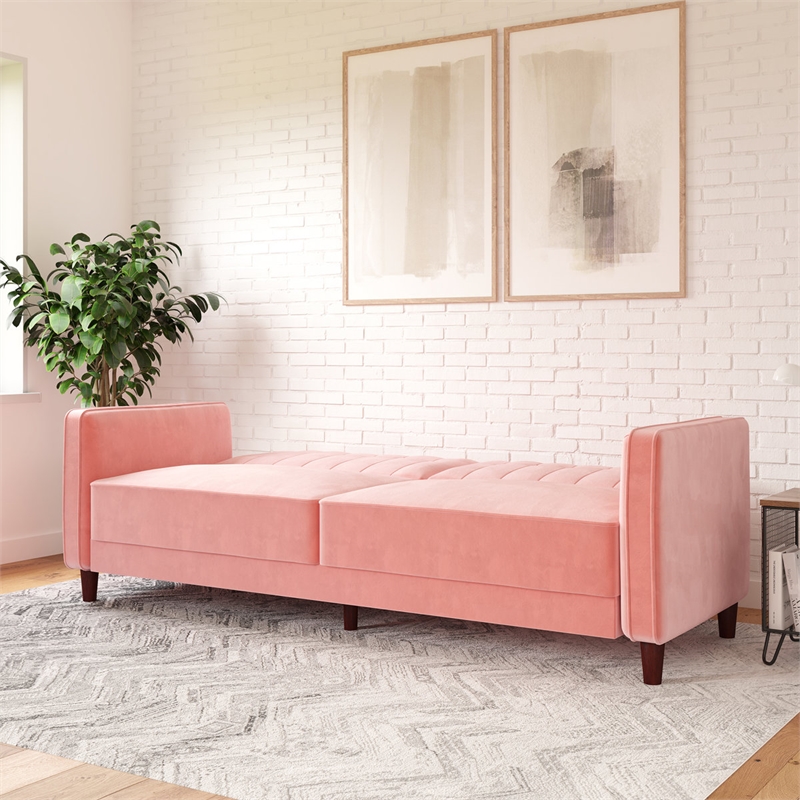 Bowery Hill Convertible Futon in Pink Velvet with Tapered Legs