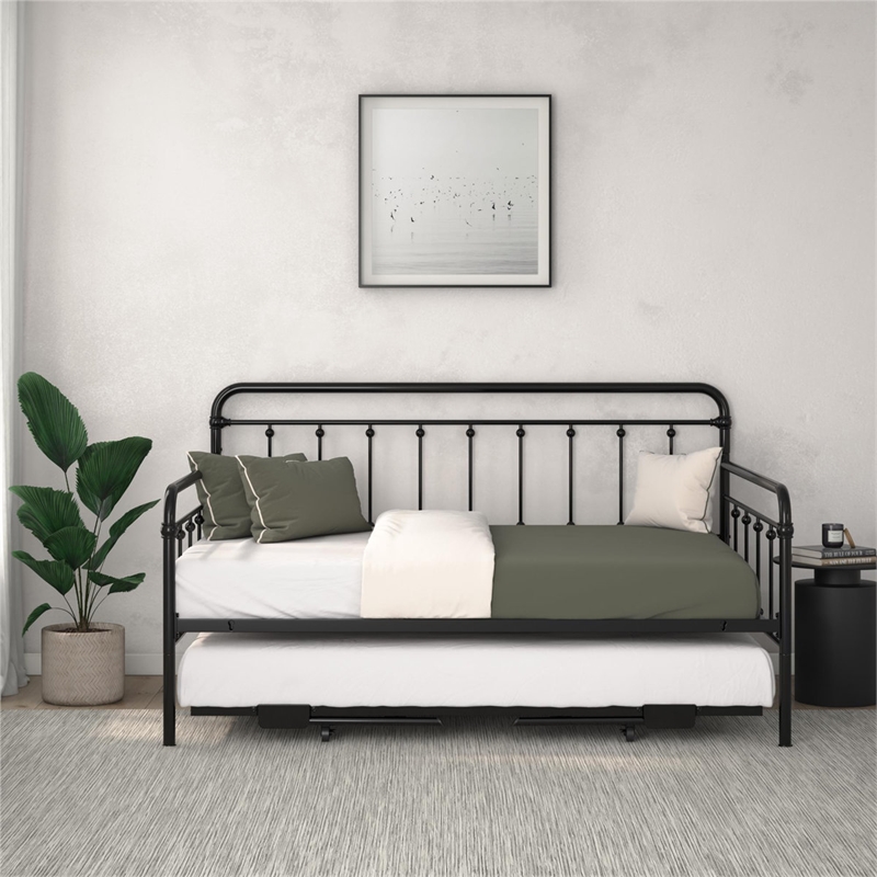 Bowery Hill Twin Daybed with Pop-Up Full Trundle in Black Steel Frame