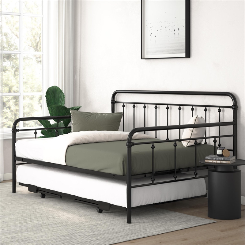 Bowery Hill Twin Daybed with Pop-Up Full Trundle in Black Steel Frame