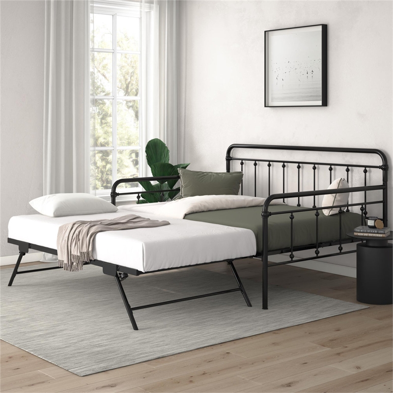 Bowery Hill Twin Daybed with Pop-Up Full Trundle in Black Steel Frame