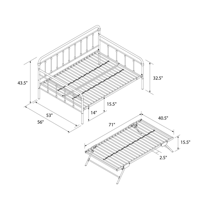 Bowery Hill Twin Daybed with Pop-Up Full Trundle in Black Steel Frame
