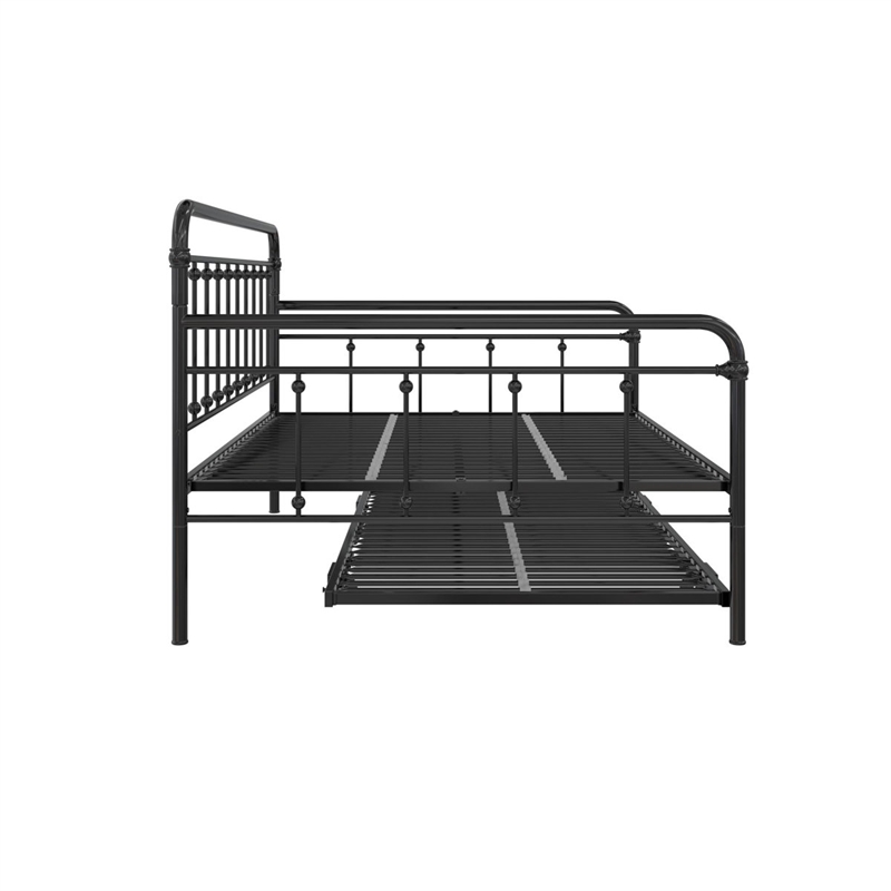 Bowery Hill Twin Daybed with Pop-Up Full Trundle in Black Steel Frame