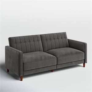 Bowery Hill Convertible Futon in Gray Velvet with Tapered Legs