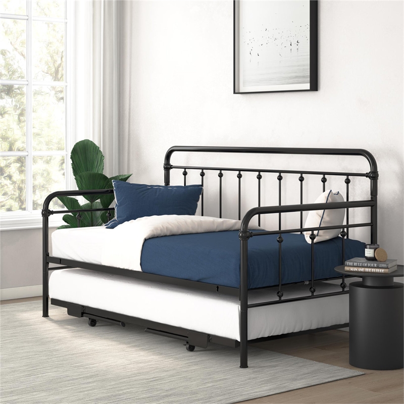 Bowery Hill Twin Metal Daybed with Pop Up Trundle in Black