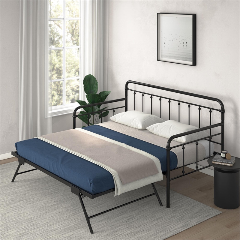 Bowery Hill Twin Metal Daybed with Pop Up Trundle in Black