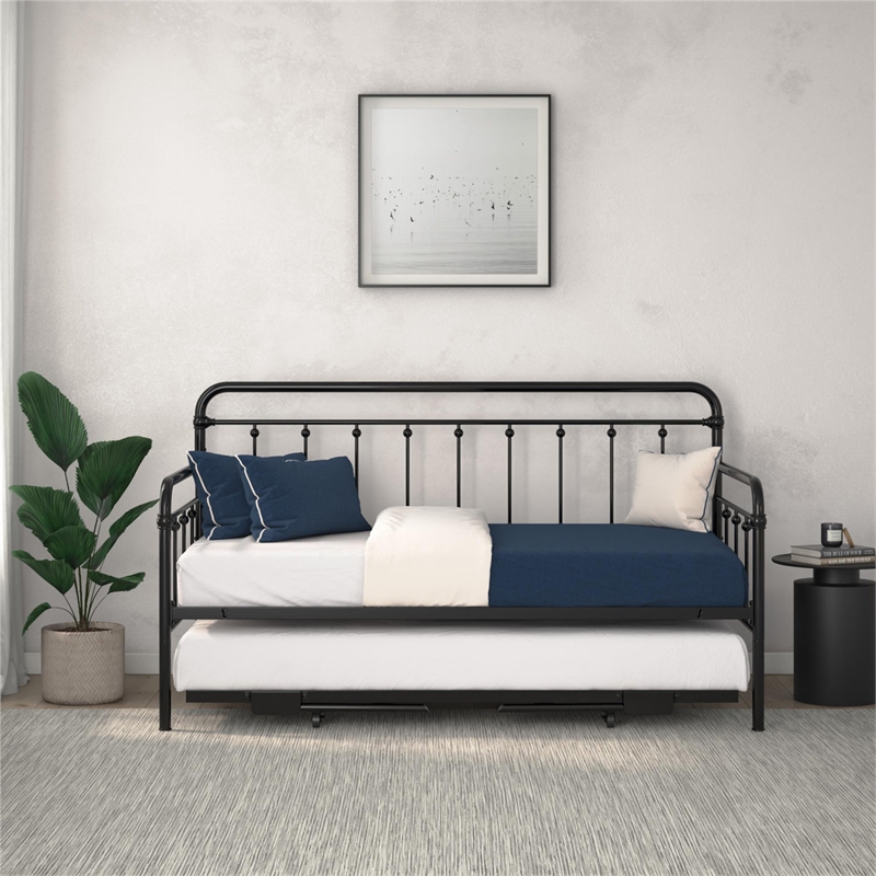 Bowery Hill Twin Metal Daybed with Pop Up Trundle in Black