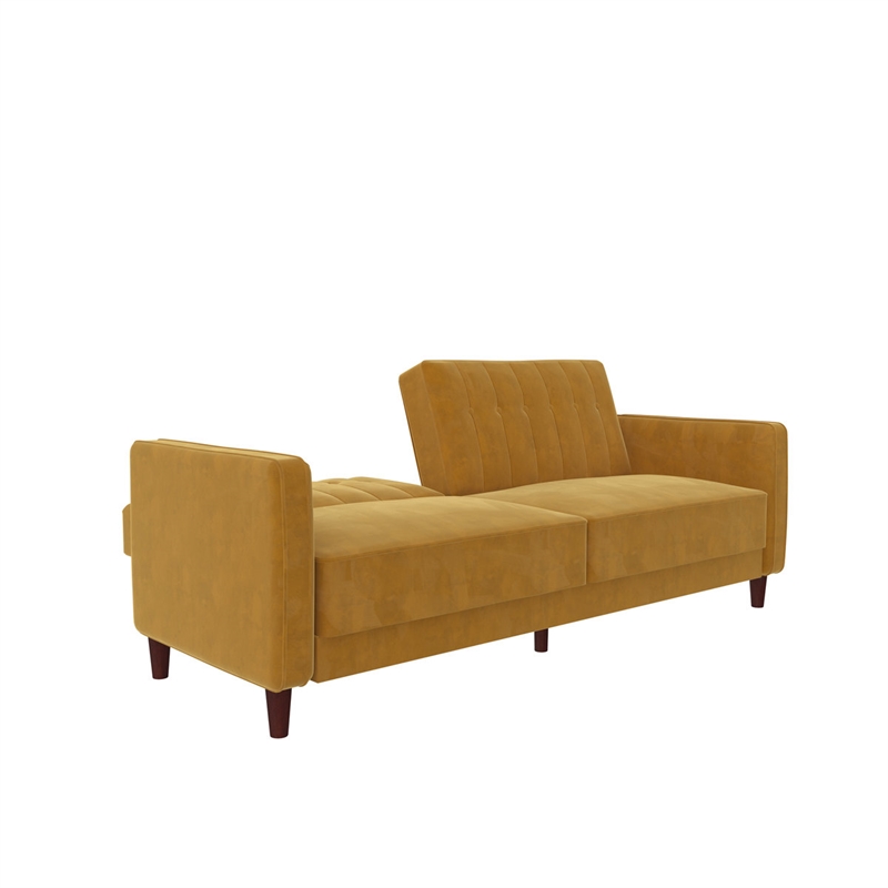 Bowery Hill Pin Tufted Transitional Convertible Futon in Mustard Velvet