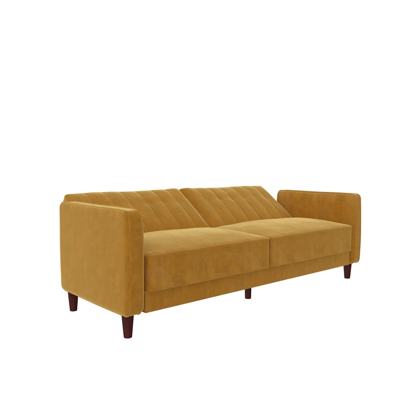 Bowery Hill Pin Tufted Transitional Convertible Futon in Mustard Velvet