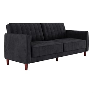 Bowery Hill Pin Tufted Transitional Convertible Futon in Black Velvet