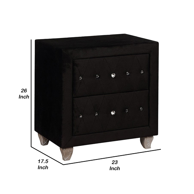 Bowery Hill Nightstand 2 Drawers Black Velvet Upholstery with Crystal Knobs